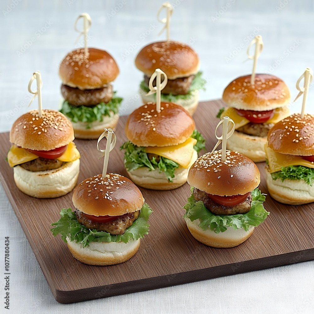 Nine mini cheeseburgers on a wooden tray. Nine mini cheeseburgers on a wooden tray.