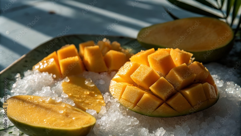 Artistic Frozen Mango Silhouette with Icy Textures Evoking Summer Freshness in Vibrant Colors and Unique Patterns for Stock Photography Artistic Frozen Mango Silhouette with Icy Textures Evoking Summer Freshness in Vibrant Colors and Unique Patterns for Stock Photography