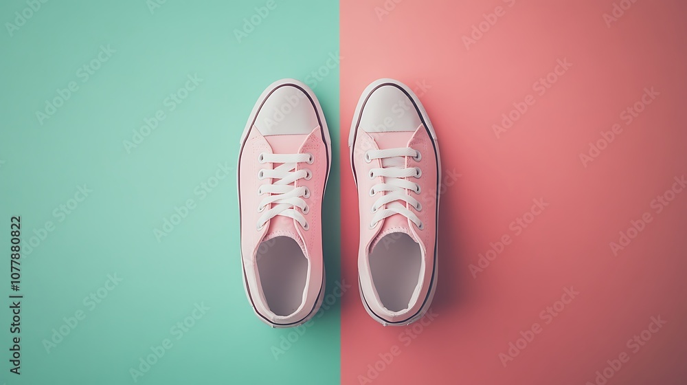 Classic pink sneakers on half-pink half-green background Classic pink sneakers on half-pink half-green background