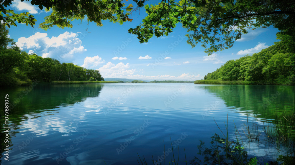 A peaceful, serene lake surrounded by lush greenery, the water calm and still, reflecting the clear sky above A peaceful, serene lake surrounded by lush greenery, the water calm and still, reflecting the clear sky above