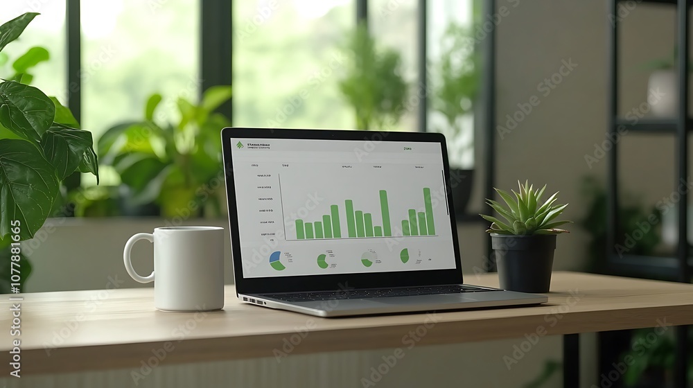 Fototapeta premium Laptop displaying charts on a minimalist desk