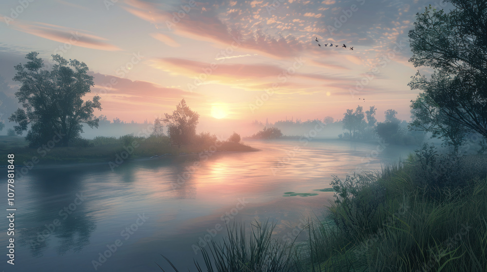 Obraz premium A peaceful sunrise over a winding river, the soft light reflecting off the water and creating a calm, serene atmosphere.
