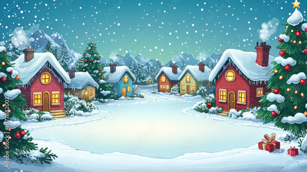 Winter village with christmas trees and snowy homes in pastel style Winter village with christmas trees and snowy homes in pastel style