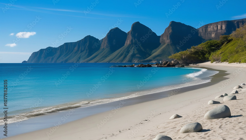 Bright Day at the Beach with Towering Mountains Bright Day at the Beach with Towering Mountains