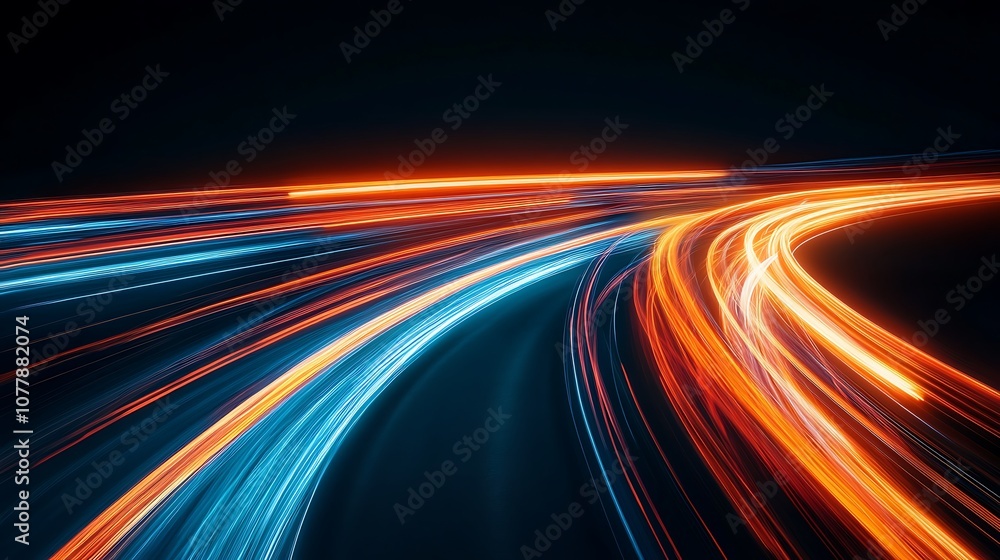 Abstract light trails of car headlights in a dark background, representing speed and movement. Abstract light trails of car headlights in a dark background, representing speed and movement.