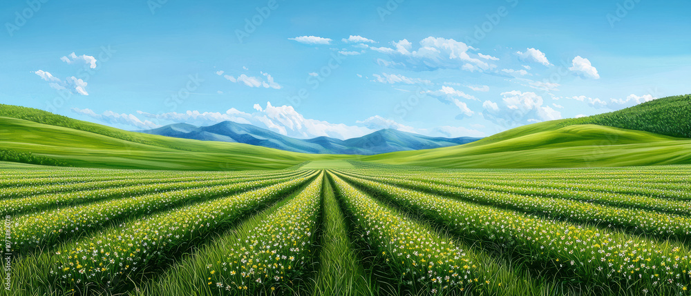 Expansive green fields under a bright blue sky with distant mountains create a serene and picturesque landscape view.