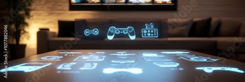 A futuristic coffee table displaying holographic gaming controls and devices. photo