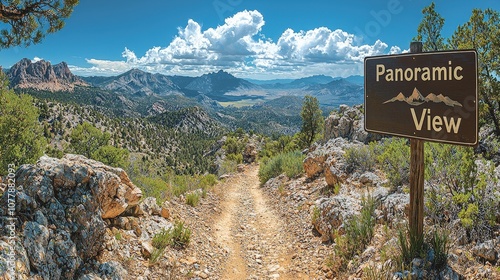 Visitors can take in a stunning panoramic view of the mountains and valleys from the scenic overlook. The clear sky enhances the vibrant natural beauty of the landscape