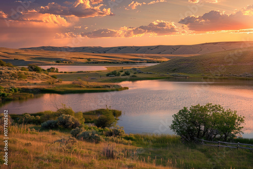 A peaceful sunset over a secluded lake, with the warm light of the setting sun casting a soft glow on the landscape.