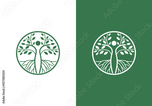 line art nature logo vector design of tree and man or person inside circle, abstract tree logo symbol inside circle	