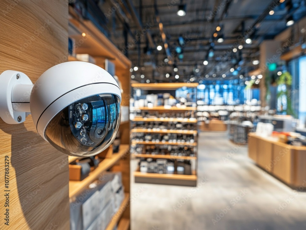 Security Camera Mounted on Wall in Retail Store Security Camera Mounted on Wall in Retail Store