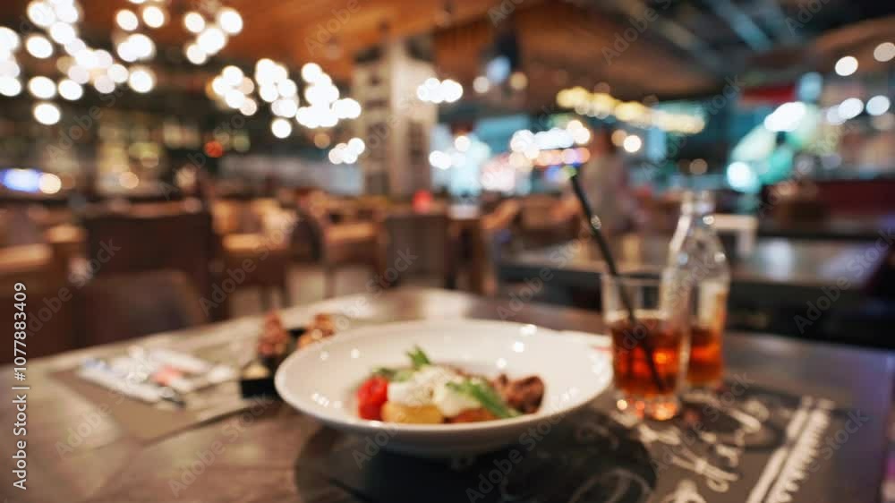 Stylish restaurant table setting with blurred background. Table holds plate of food and drink, capturing warm, inviting dining atmosphere with ambient lighting and cozy decor. Lifestyle. Food Stylish restaurant table setting with blurred background. Table holds plate of food and drink, capturing warm, inviting dining atmosphere with ambient lighting and cozy decor. Lifestyle. Food