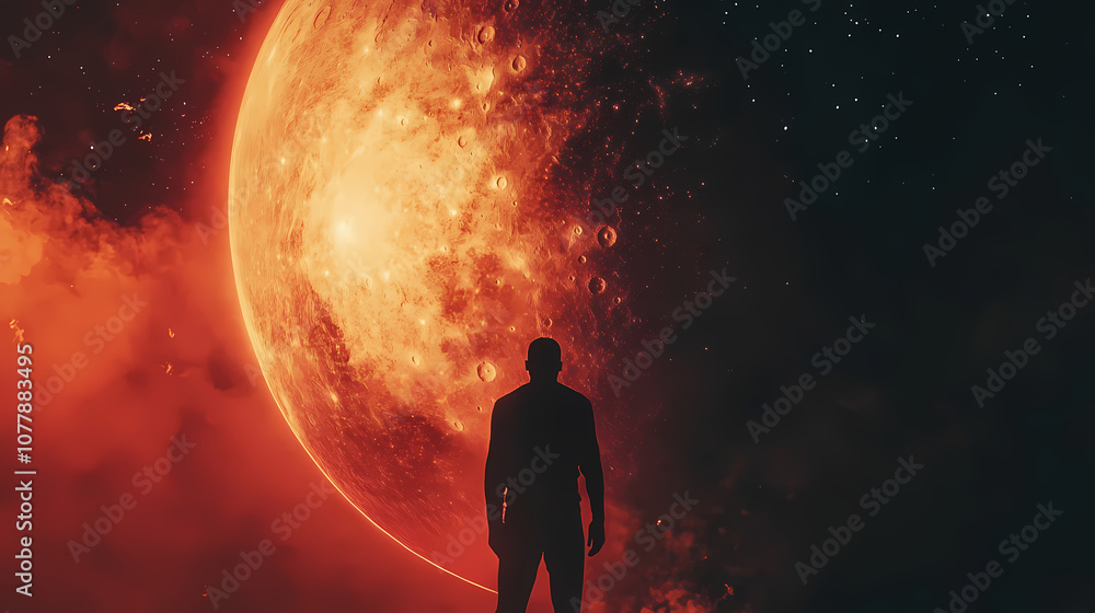 A cinematic close-up of a dark silhouette human figure standing before a colossal moon, set against the deep space backdrop. Cinematic. Illustration A cinematic close-up of a dark silhouette human figure standing before a colossal moon, set against the deep space backdrop. Cinematic. Illustration