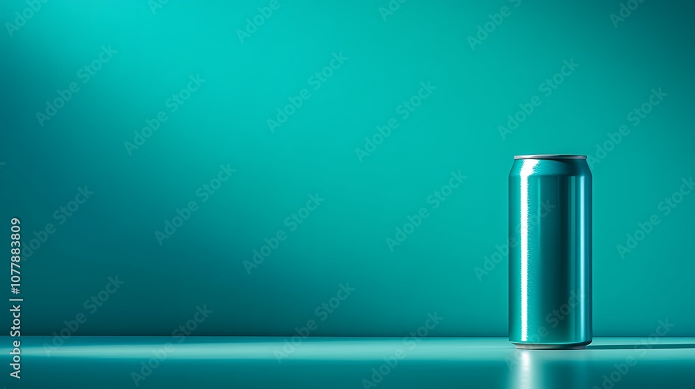 Blue Metallic Can on Solid Teal Background Blue Metallic Can on Solid Teal Background