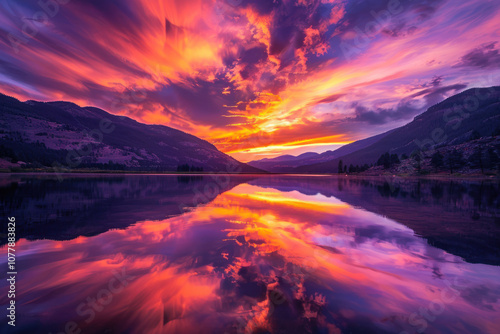 A photographer's dream: a stunning sunset with deep oranges and purples reflecting on a tranquil body of water.