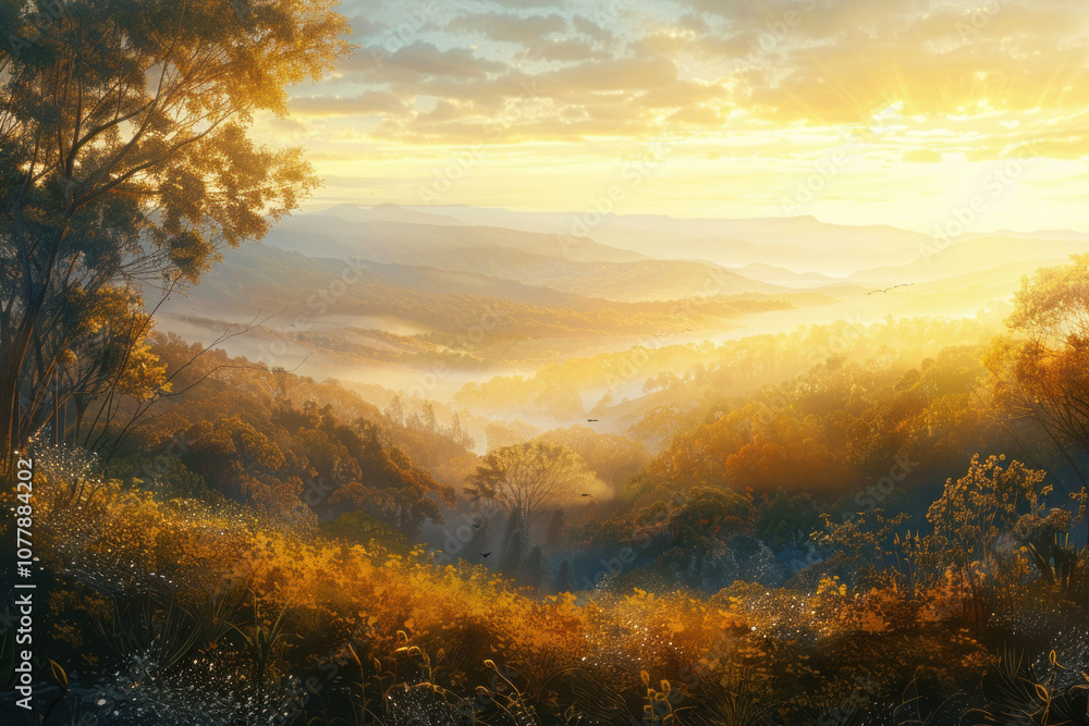 A picturesque view of the sunrise over a valley, with the warm light illuminating the landscape in soft hues. A picturesque view of the sunrise over a valley, with the warm light illuminating the landscape in soft hues.