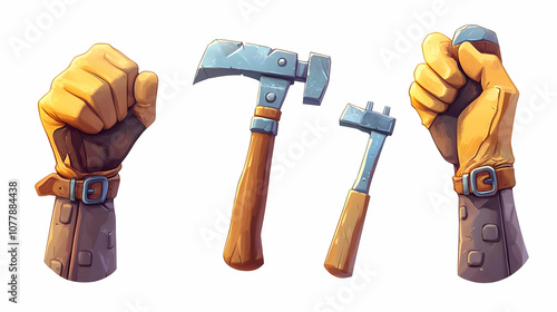 Cartoon Illustration of Hands Holding Hammers and a Fist photo