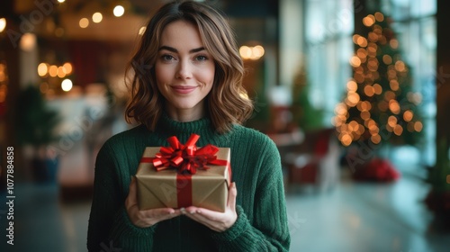 Half body shot of a Caucasian woman with shoulder-length brown hair, wearing a green cardigan, holding a wrapped Christmas gift box with both hands, standing in front of a decorated office lobby