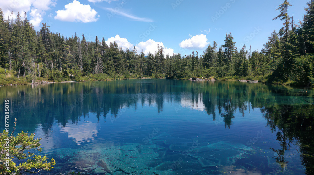 A pristine blue lake nestled in a dense forest, the water so clear it mirrors the trees and bright blue sky above A pristine blue lake nestled in a dense forest, the water so clear it mirrors the trees and bright blue sky above