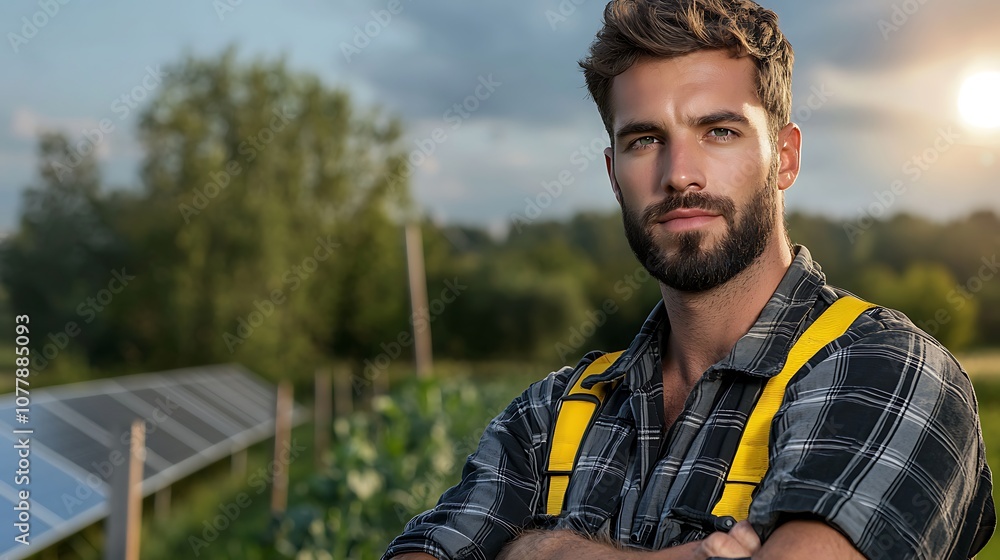 A farmer in a field with solar panels installed beside crops, demonstrating the harmony between agriculture and renewable energy. The sun casts warm light, emphasizing a green, sustainable future. A farmer in a field with solar panels installed beside crops, demonstrating the harmony between agriculture and renewable energy. The sun casts warm light, emphasizing a green, sustainable future.