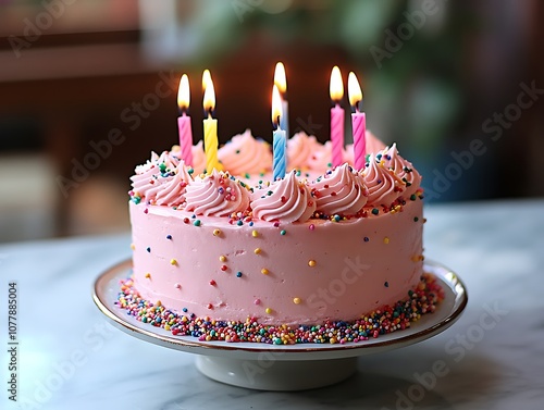 Birthday cake with pastel pink frosting, rainbow sprinkles, and colorful lit candles, creating a cheerful celebration scene on a marble surface.