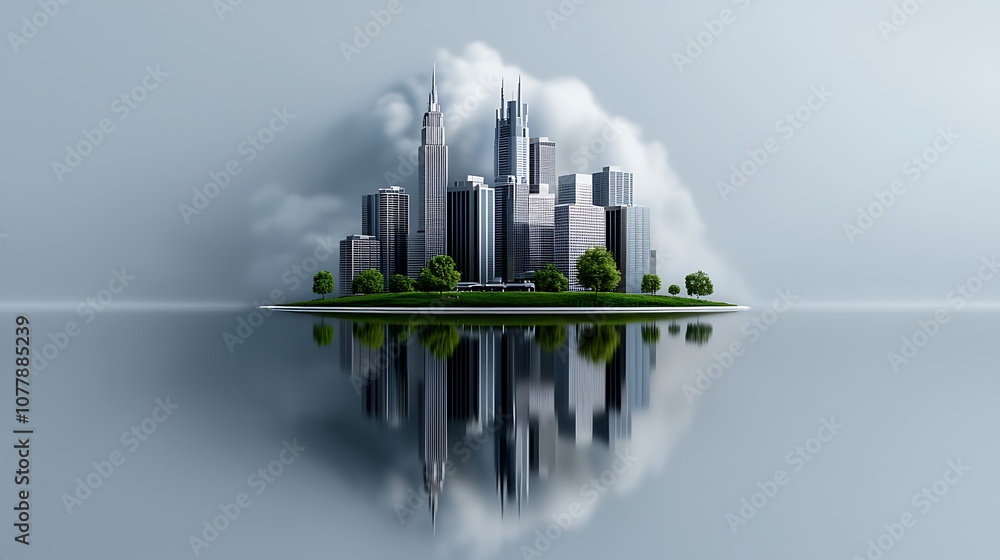 Fototapeta premium A futuristic city skyline powered by solar and wind energy, with sleek skyscrapers reflecting the latest in eco-friendly design and technology. The city is vibrant and clean, with green spaces