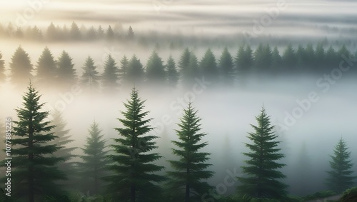 Misty Forest with Tall Pine Trees in the Foreground