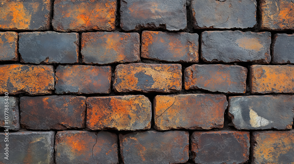 Rustic weathered brick wall with orange and black hues reflecting industrial decay Rustic weathered brick wall with orange and black hues reflecting industrial decay