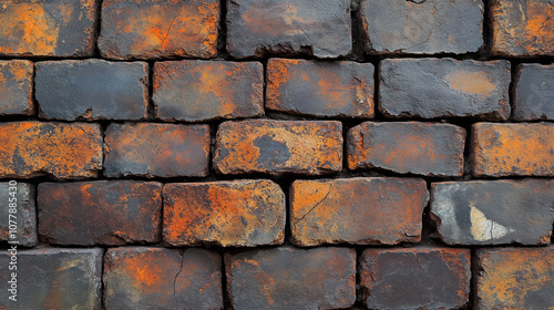 Rustic weathered brick wall with orange and black hues reflecting industrial decay