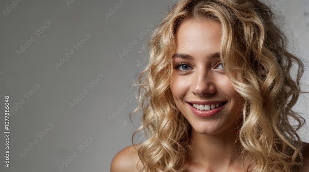 Blonde woman model with long curly beautiful hair smiling on empty studio background Blonde woman model with long curly beautiful hair smiling on empty studio background