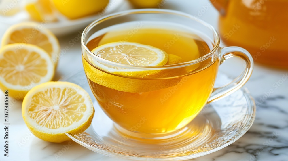 Cup of Lemon Tea with Slices of Lemon on a White Marble Surface Cup of Lemon Tea with Slices of Lemon on a White Marble Surface