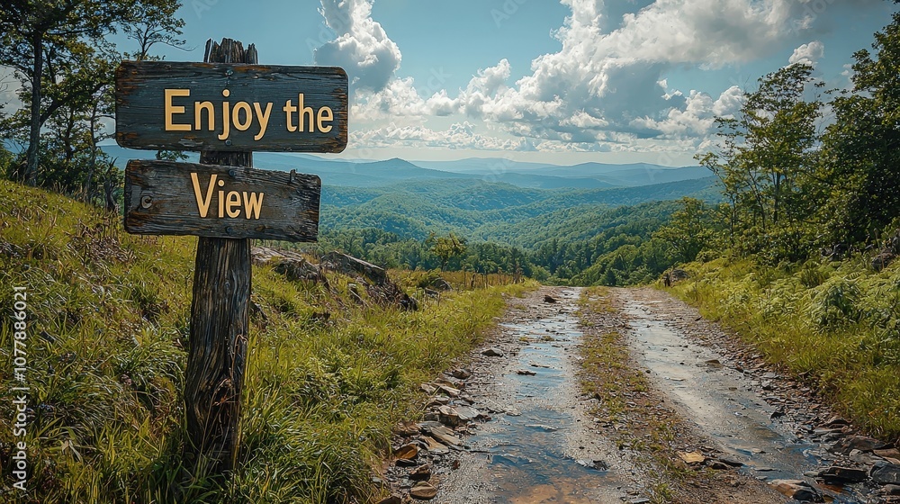 A rustic wooden sign invites travelers to enjoy breathtaking views along a winding dirt road, surrounded by vibrant hills and an expansive sky A rustic wooden sign invites travelers to enjoy breathtaking views along a winding dirt road, surrounded by vibrant hills and an expansive sky