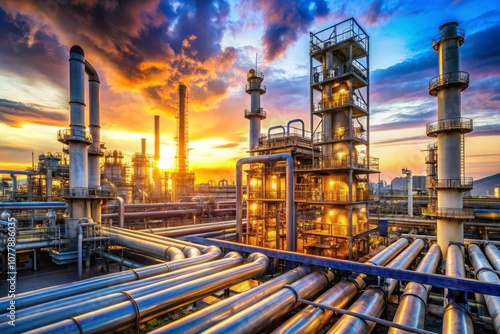 a large industrial plant with pipes and the sun setting in the background