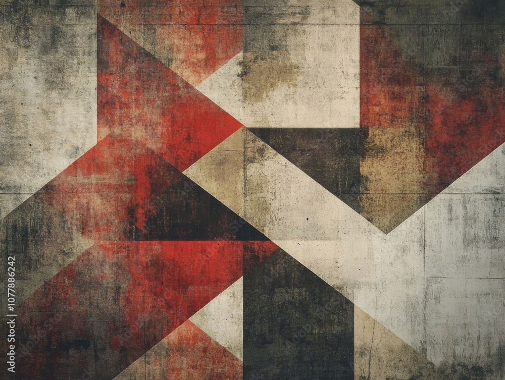 Fototapeta premium Abstract Geometric Pattern with Red, Black, and White Triangles on a Grunge Background