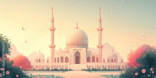 White Mosque with Two Minarets and a Courtyard in Front