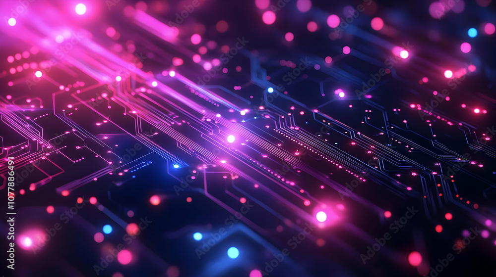 Fototapeta premium Abstract 3D Background with Neon Lights and Circuit Board