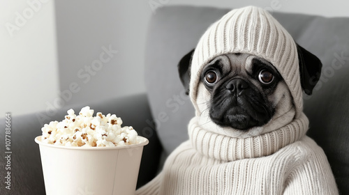 Cozy pug in sweater enjoying popcorn on a couch