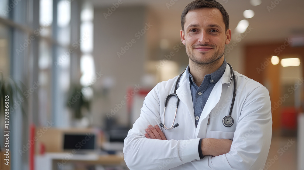 Smiling male doctor with stethoscope in hospital corridor with arms crossed Smiling male doctor with stethoscope in hospital corridor with arms crossed