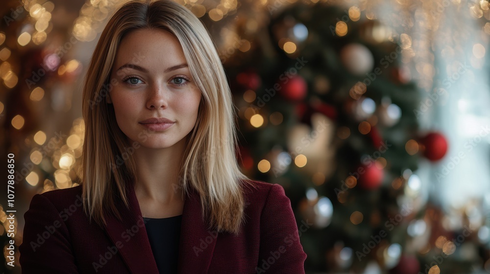 Half body shot of a Scandinavian woman with straight blonde hair, wearing a dark red blazer, standing near a Christmas display with festive ornaments and a large Christmas wreath Half body shot of a Scandinavian woman with straight blonde hair, wearing a dark red blazer, standing near a Christmas display with festive ornaments and a large Christmas wreath