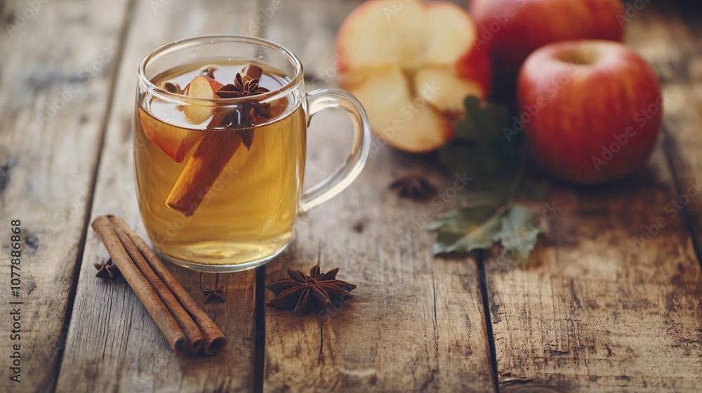 Warm Apple Cider with Cinnamon and Star Anise on Rustic Wooden Table Warm Apple Cider with Cinnamon and Star Anise on Rustic Wooden Table
