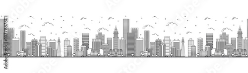 Seamless pattern with outline Miami Florida City Skyline with Modern Buildings Isolated on White. Miami USA Cityscape with Landmarks.