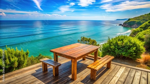 Coastal Serenity: Wooden Table Overlooking Tranquil Blue Sea