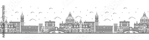 Seamless pattern with outline Venice Italy City Skyline with Historic Buildings Isolated on White. Venice Cityscape with Landmarks.
