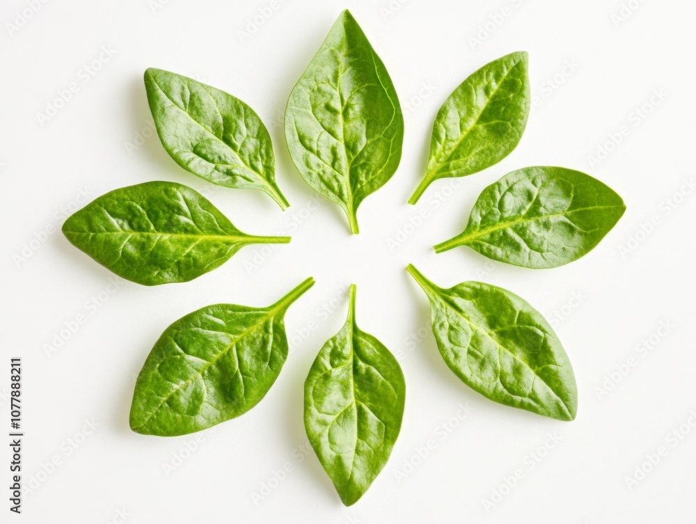 Obraz premium Seven Green Spinach Leaves Arranged in a Circular Pattern on a White Background