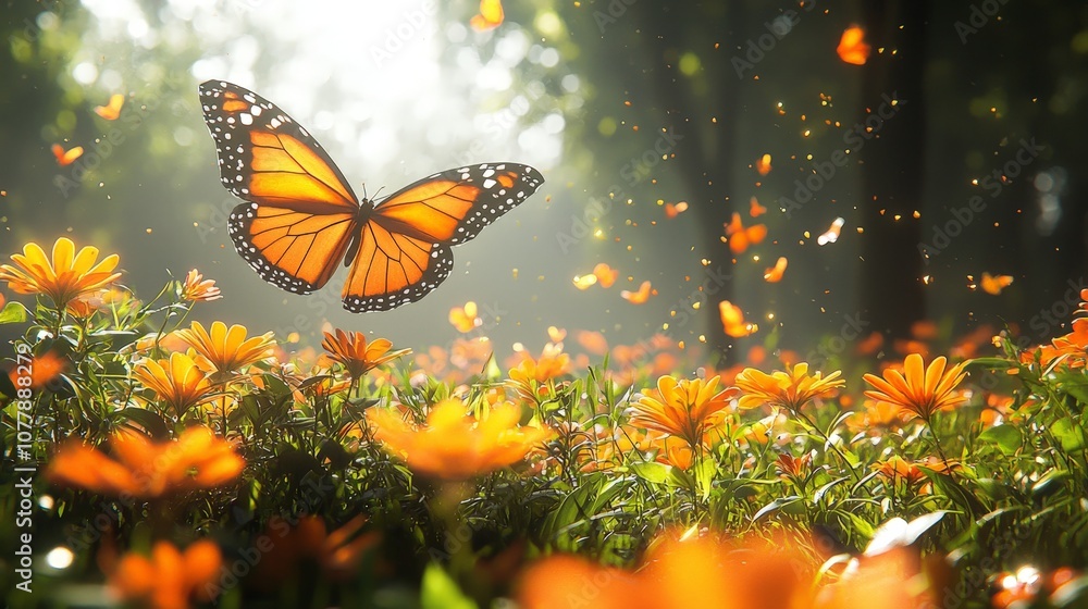 A vibrant scene of a butterfly amidst blooming orange flowers in a sunlit forest. A vibrant scene of a butterfly amidst blooming orange flowers in a sunlit forest.