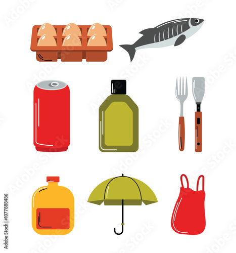 Vector Illustration of Hand Drawn Daily Needs Grocery Set. Essential Shopping Items