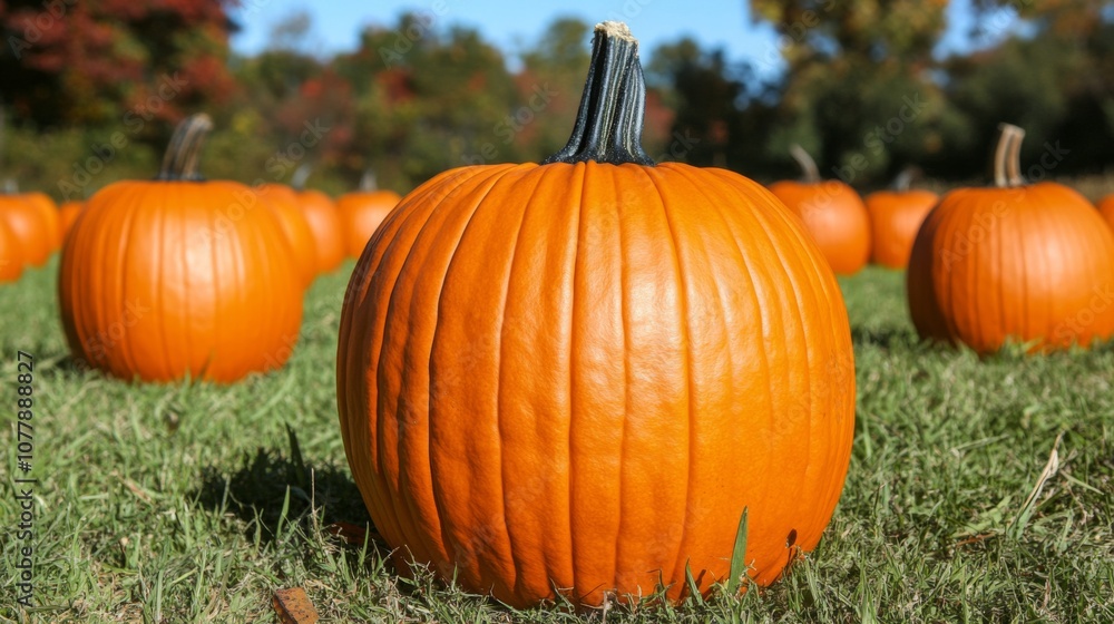A Large Orange Pumpkin In A Field of Pumpkins A Large Orange Pumpkin In A Field of Pumpkins