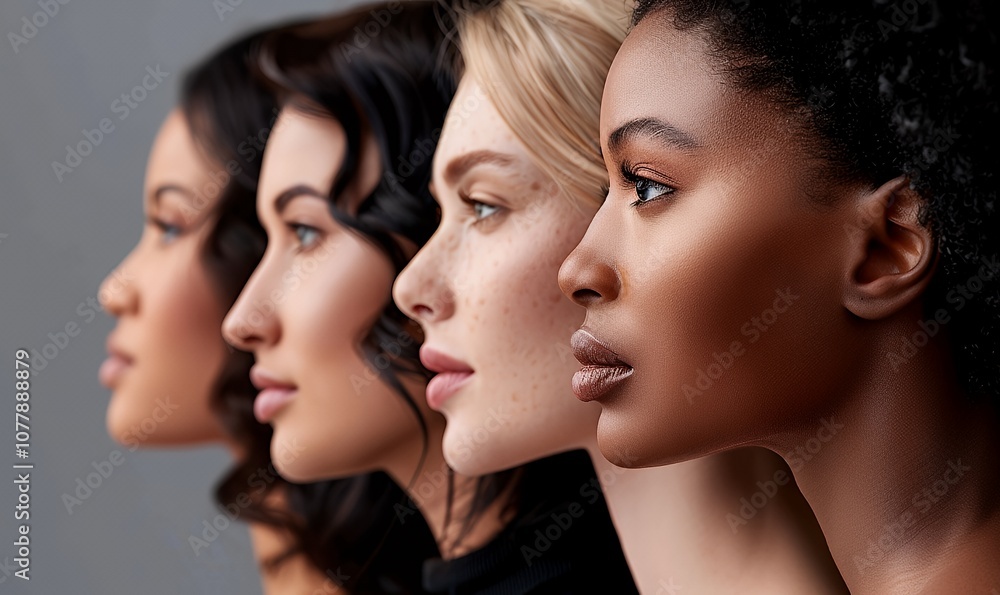 Four women of different ethnicities stand side by side, looking to the right with their profiles in focus. Four women of different ethnicities stand side by side, looking to the right with their profiles in focus.