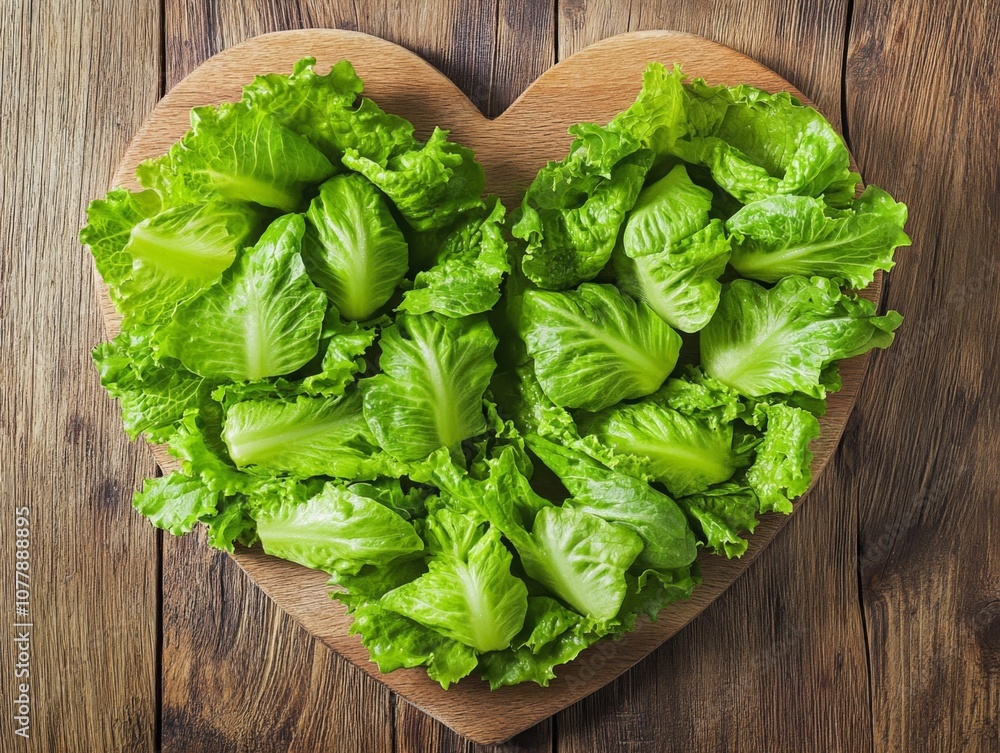 Fresh Green Lettuce Arranged in a Heart Shape on a Wooden Cutting Board Fresh Green Lettuce Arranged in a Heart Shape on a Wooden Cutting Board