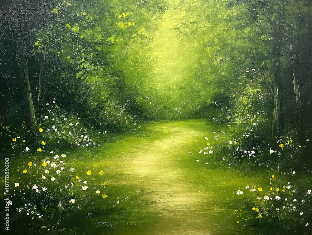 Fototapeta premium Serene Woodland Path: A winding path through a lush forest, bathed in soft, ethereal light, invites you to wander and explore the tranquility of nature. Immerse yourself in the verdant beauty.